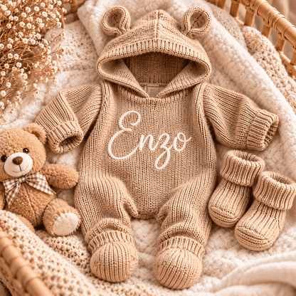 Kit Meu Pequeno Ursinho – Macacão em Tricô Personalizado | Ninho de Amor™